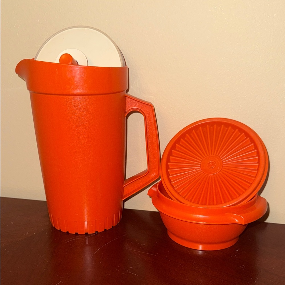 VINTAGE Orange Pitcher and Bowl Set